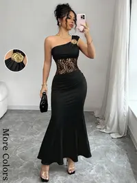 Women's single-shoulder metallic flower fishtail gown, featuring a one-sided off-shoulder design, waist and belly lace applique figure-hugging evening dress, Evening wear, with a mature style, perfect for weddings, parties, and formal guest attire