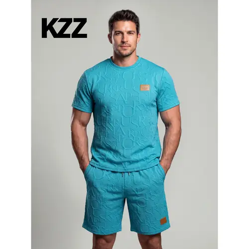 KZZ Men's Casual 2-Piece Fashion Set - Soft Crew Neck Short Sleeve Plain Fabric, Breathable Comfortable Menswear Clothing