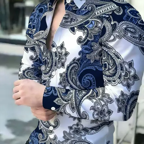 Men's Paisley Graphic Long Sleeve Collared Blouse, Slim-Fitting Casual Button Up Shirt, Business and Leisure Top, Classic Trendy Design Menswear