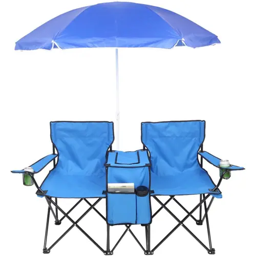 Outvita Folding Double Camping Chair w/Umbrella Beverage Holder Carrying Bag Cooler Fold Up Table, Large Bearing Capacity for Beach Patio Pool Park Outdoor Blue,home decor,camping essentials