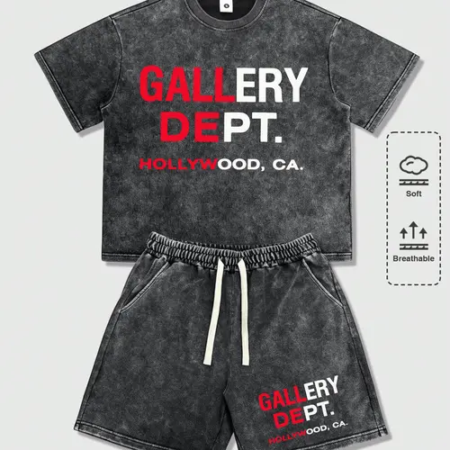 Lightweight vintage casual athletic set for men featuring letter print; American style with a washed distressed look, premium feel, loose fit, versatile design. Short-sleeve T-shirt and shorts set suitable for running, golf, fishing, basketball, camping,