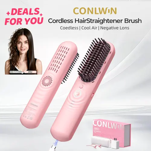 CONLWIN Cordless Hair Straightener Brush, Hot Brush with Cool Air for Long-Lasting Style, 350M Negative Ions, Mini Travel Straightener for Frizz-Free Summer Hair,Travel Hair Tool,Gift for Women,Cordless & Corded Dual-Use, Safe Mode,dorm essentials
