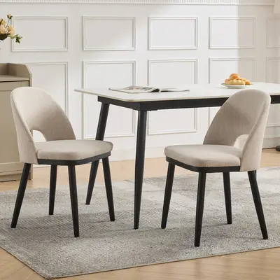 Garvee Set of 2 Upholstered Wooden Dining Chairs with Modern Farmhouse Design, Linen Fabric, High Backrest, Thick Cushions, Curved Backrest, Wooden Legs, Leveling Feet, Comfortable for Dining Room and Living Room