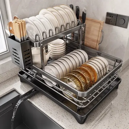 2-Tier Foldable Over-Sink Drying Rack - Pull-Out Compact Fit Dish Drain with Utensil Holder, Folds Flat Fast for Fold-Away Storage, Space-Saving Kitchen Organizer for Small Kitchens