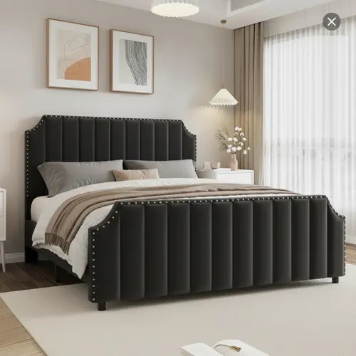 SA-Garvee Queen Bedframe - 50.2" Tall Velvet Bed Frame with Vertical Channel Tufted Headboard, Footboard, Nailhead Trim, Wooden Slat Support, Regal Look Luxury Bed Frame for Mattress Queen Size (Box Spring Needed, Black)