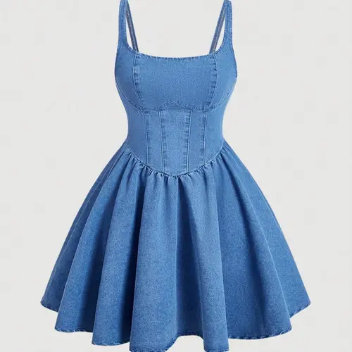 Vintage Corset Denim Dress, Sleeveless Straps Spaghetti Strap High-Waist A-Line Flared Mini Dress, Retro Style Casual Wear, Womenswear