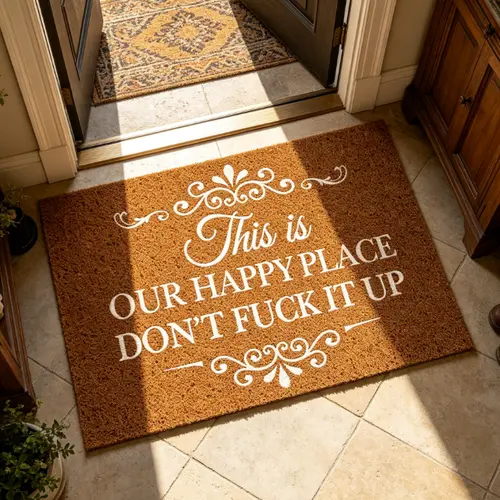 Funny Entrance Doormat - Sassy Entrance Rug with "This Is My Happy Place Don’t F*ck It Up" Print, Non-Slip, Wrinkle Resistant, Heart-Themed Charm, Retro Look, Indoor Home Decoration for Bathroom, Kitchen
