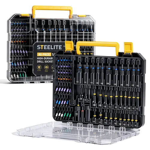 STEELITE 80-Piece Heavy Duty Magnetic Nut Driver Set, Impact Rated 1/4" Hex Shank Deep & Shallow Metric & SAE Socket Bits, Includes Screwdriver Bits, Quick Change Bit Extension Bar, Socket Adapters, Wing Nut Driver with Storage Tool Box