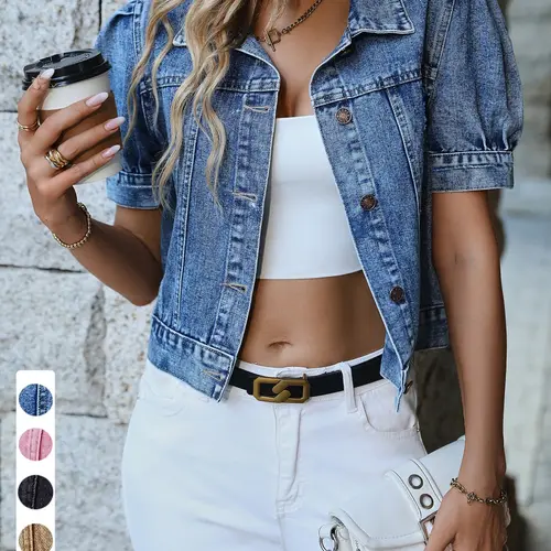 Women's Short Denim Jacket, Puff Sleeve Single-Breasted Denim Top, Vintage Washed Summer Casual Outerwear, Stylish and Comfortable Coats
