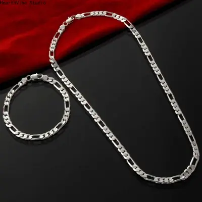 2pcs 925 Sterling Silver Bracelet Necklace Jewelry Set Chain DIY 4mm Chain For Men Women Lady Christma Gift Charms Wedding
