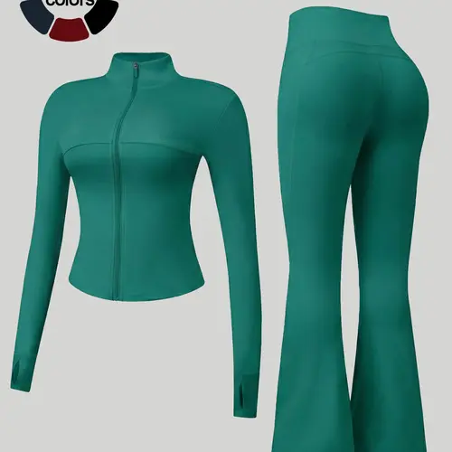 Women's Sporty Two-Piece Set, High Waist Long Sleeve Jacket and Pants, Comfortable Breathable Slim Fit, Workout Sportswear, Yoga Gym Workout Running Outfits Casual, Yoga Outfit Set