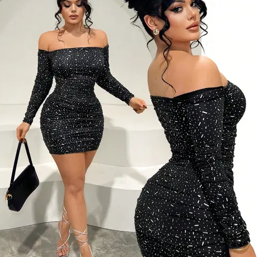 Off Shoulder Rhinestone Ruched Bodycon Mini Dress, Chic Long Sleeve Sparkly Evening Party Dress, Sexy Nightclub Clubwear for Women Fit Womenswear Formal Wear, Fitted Bodycon Dress