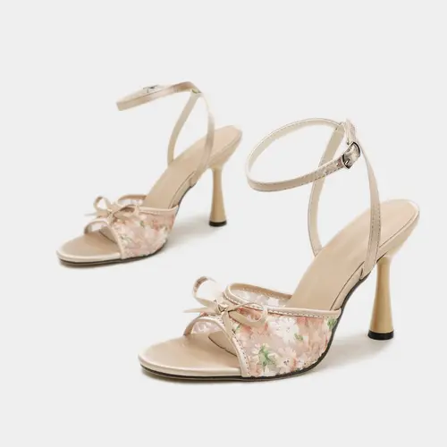 Women's Ankle Strap High Heel Sandals, Elegant Fashionable Sandals, Nude Beige Satin Floral Embroidered Mesh Open Toe Flared Mid Heel, Comfortable Non-Slip Adjustable Buckle Bow Decor Shoes for Spring Summer Daily Date Party Wedding, EU Size 37-43