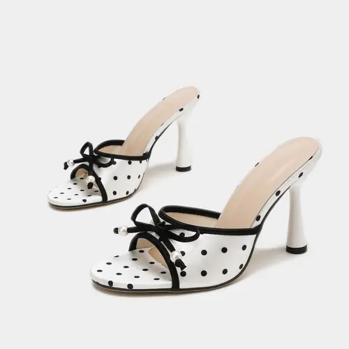 New Arrival Women's Spring Summer Retro Classic Open Toe High Heel Classy Sandals, Elegant Polka Dot Pattern Mules, Faux Pearl & Bow Detail, Slip-On High Heels, Perfect for Dating, Commuting & Social Occasions