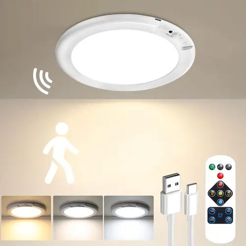 Rechargeable Motion Sensor Ceiling LED Light with Remote - Battery-Operated, Wireless, Dimmable Polycarbonate Night Light, Home Decor Lighting, Bathroom Accessories for Closet, Shower, Father's Day Gift