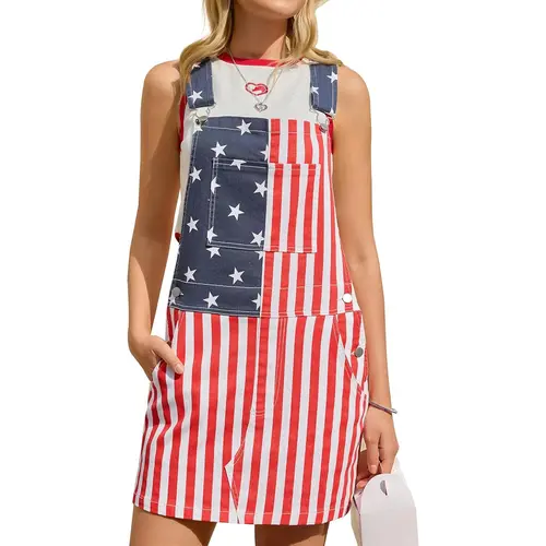 Yuanbang Women's 4th of July Printed Dress - American Flag Style, Summer Romper with Shorts, Pockets, Straps, Button Closure, Breathable Fabric for 250th Birthday Independence Day BBQ Outfits
