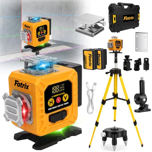 16-line automatic Anping laser level, 4 lines of 360° laser beams, measurement range up to 230 feet; equipped with two 2000 mAh batteries, supports Type-C charging; includes an aluminum alloy height-adjustable base with tripod, suitable for tile installat