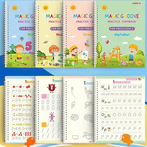 Magic Grooved Practice Copybook, 4 Pcs Reusable Writing Magic Book, Grooved Handwriting Workbooks, Large Practice Scribe Book Set for Kids Preschool Calligraphy Learning Number Letter Math Drawing Tracing Books,back to school,back to school shopping
