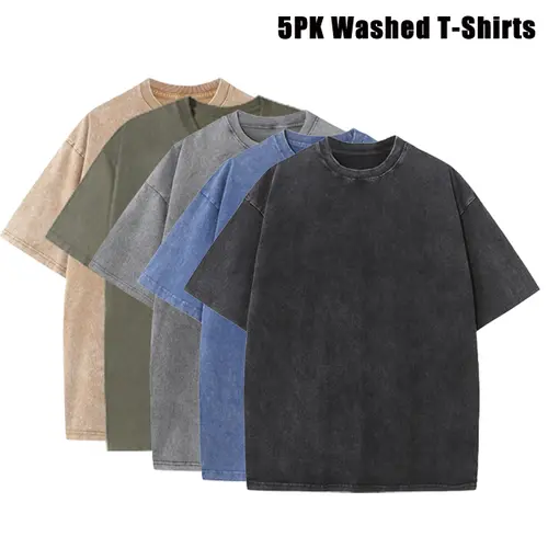 Men's Vintage T Shirts 5-Pack, Oversized Heavyweight Cotton Acid Wash Baggy Tops for Casual Workout and Fitness