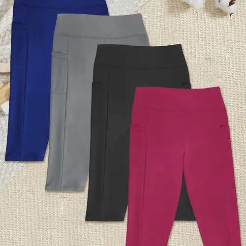 4Pcs Women'S High-Waisted Leggings Designed to Control The Tummy, Featuring Pockets And  7/8 Length. These Solid Color, Stretchy, And Comfortable Pants Are Ideal for Workouts, Cycling, Fitness, And Autumn, Clothing, Durable Fabric, Comfortable Fit summerw