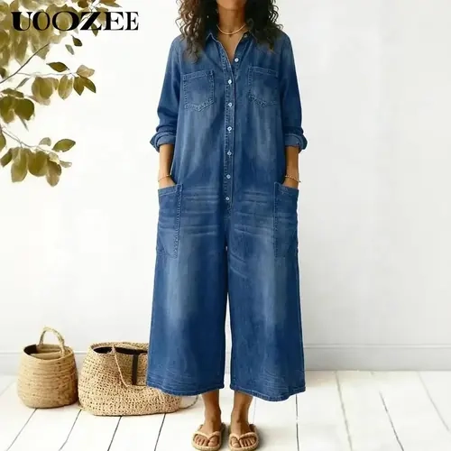 UOOZEE Women's Minimalist Denim Jumpsuit - Classic Collared Long Sleeve Baggy Oversized Wide-Leg Coveralls, Style-Focused Layer-Ready Durable Fabric for Turtleneck Layering