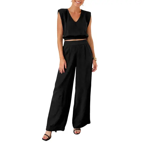 Fisoew Women's 2-Piece Solid Color Sportswear Set - 100% Cotton Fabric, Breathable Sleeveless V-Neck Tank Top & Wide Leg Pants, Fit Outdoor Summer Vacation Beach Loungewear