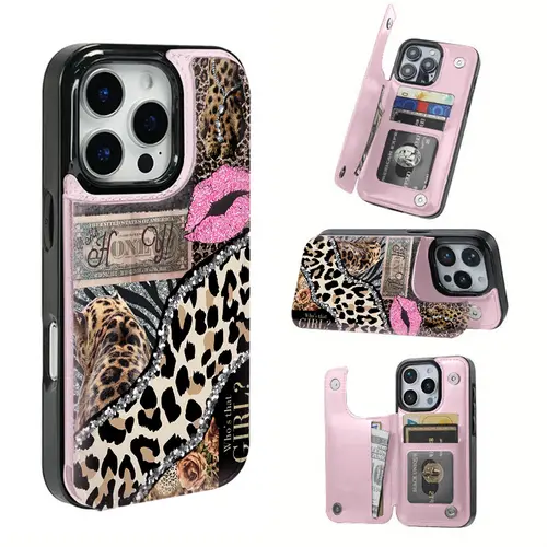 TPU Cellphone Cover - Pink Leopard Animal Print Hyperrealism Lip Pattern Phone Case with Card Slot for Bank/Transit Cards, Stylish Protection for iPhone 16, 16 Pro Max Phone Accessories, Glam