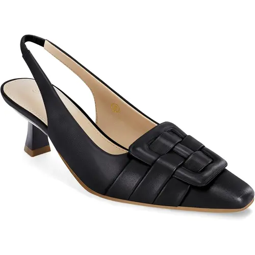 Coutgo Women's PU Black Pointed-Toe Slingback Kitten Heel Pumps - Low Comfortable Dress Heels for Women, Suitable for Party, Office, Kitten Heels For Women