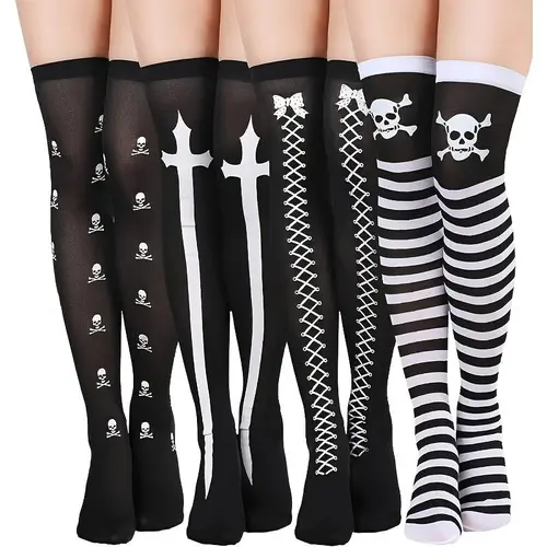 Women's 4-Pair Polyester Thigh High Stockings - Skull-Print Cosplay Socks for Festival, Lady's Halloween Party Wear, Thigh Highs