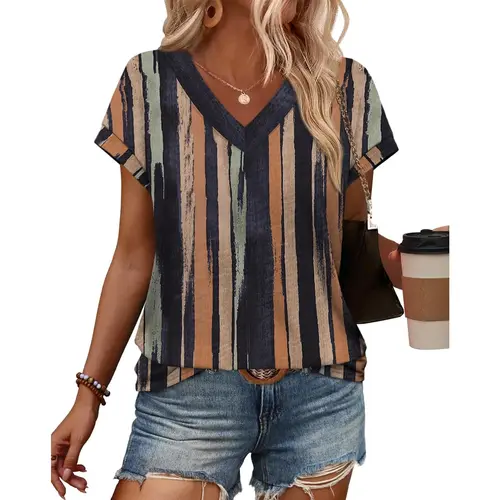 Womens SwimWeek T Shirts V Neck Cap Sleeve Summer Tops Basic Women Blouses Beach Vacation Spring Clothes