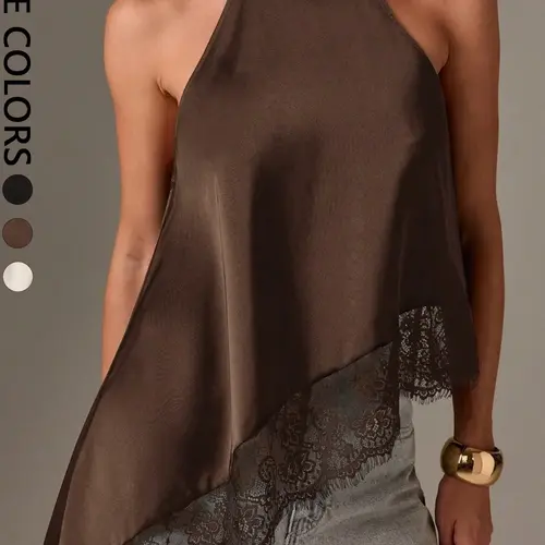 FEITAI Women's Smooth Satin Halter Top, Chic Sleeveless Blouse with Asymmetrical Hem and Lace Trim for Romantic Evenings