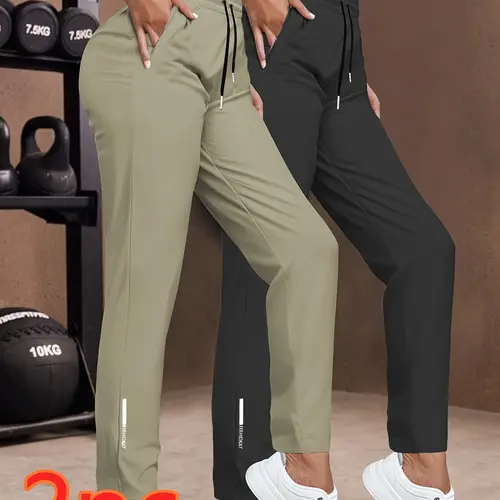 Women's 2-Pack High-Elastic Ice Silk Pants - Summer Regular-Fit Long Pants with Waistband, Adjustable Drawstring, Side Pockets - Lightweight for Outdoor Sports, Casual Wear, Elastic Pants