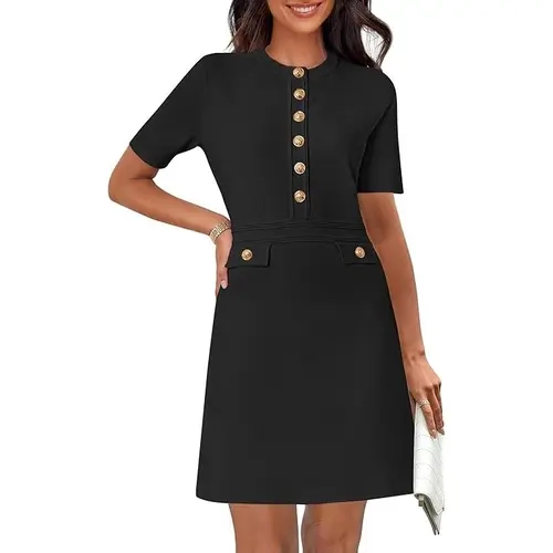 MEROKEETY Women's Summer Bodycon Sweater Dress Business Casual Outfis Short Sleeve Knit Button Formal Elegant Work Dress