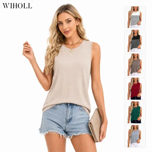 Wiholl SwimWeek Women's Ribbed Knit Sweater Vest - Round Neck, Sleeveless Tank Top, Business Casual Work Outfit, Summer Women's Tops