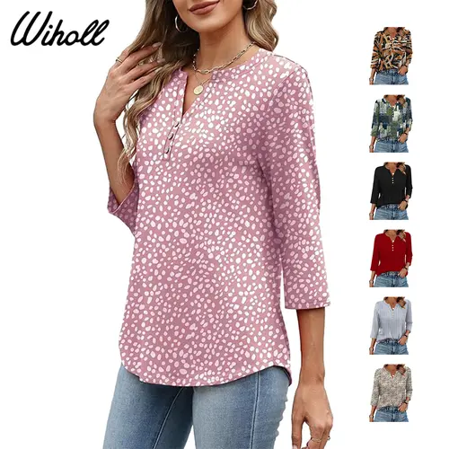 WIHOLL FASHION 3/4 Length Sleeve Womens Tops Fashion Clothing V Neck T Shirts Dressy Blouses Business Casual Outfits Tunic Tops Womenswear Womenswear