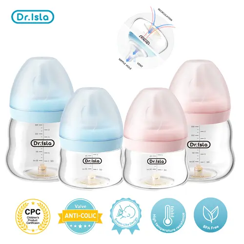 Dr.Isla Air-Balance Glass Baby Bottle, Anti Colic Nursing Bottle, Breast-like Nipple, Spit-up & Reflux Relief, Natural Response No-Leak Nipple, Wide-Mouth, Newborn 0-12M, 3oz/5oz, Bubble-Free Vent, Gas Relief, 1112°F Borosilicate Glass sohochic