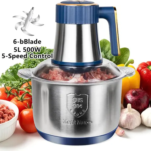 5L Electric Food Processor (Kitchen Appliances) - 500W, 6 Sharp Blades, 5 Speeds, BPA-Free 304 Stainless Steel Bowl, Easy Clean Kitchen Utensil for Family Meals, Vegetables, Sauces,home essentials