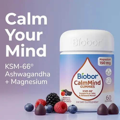 Biobor CalmMind Magnesium Gummies with KSM-66  Ashwagandha, Triple Magnesium Complex, Calm & Relaxation Support, GMP Certified & COA Tested, Non-GMO, Gluten Free, Vegetarian, Mixed Berry 60 Count
