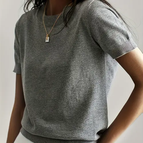 Women's Short Sleeve Knit Sweater T-Shirt - Elegant Crewneck Pullover Top, Lightweight Core-Spun Yarn Soft Knitwear, Casual Summer Short Sleeve Blouse for Work & Daily Wear,summerwins,summeroutfits,vacationoutfits,beachoutfits
