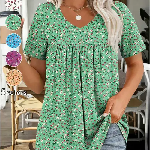 Plus Size Women's Summer V Neck Short Sleeve Boho Style Floral Print Top, Boho Casual Top, Loose Fit Casual Midi Shirt, Comfortable and Stylish Upperwear