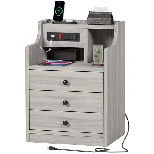Sikaic 3-Drawer Nightstand with 2 High-Speed USB Ports Charging Station - Gray Contemporary Modern Indoor Side Table, Minimalist Bedroom Furniture for Small Spaces, Home Decor, Gray Contemporary Table, Dorm Room