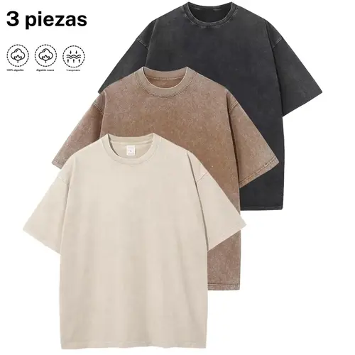 Men's 3-Pack Baggy Short-Sleeve 100% Cotton Vintage Wash Tops, Soft Distressed Crewneck Menswear Tees (Black+Grey+Beige), Perfect for Casual Streetwear & Everyday Layering, Shortsleeve