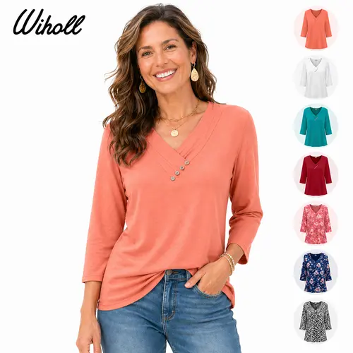 WIHOLL Womens Dressy Casual Tops, 3/4 Sleeve V Neck Button Blouse, Soft Work Shirts for Women, Business Casual Spring Summer Outfits, Comfortable Tunic Tops for Office, Travel, Teacher, Church, Daily Wear Womenswear Loose