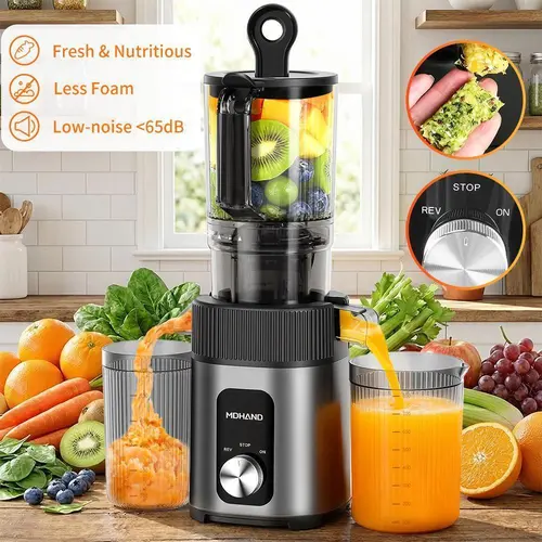 【BackToSchool】Cold Pressed Juicer Fruit Juice Extractor - 200W Quiet DC Motor Kitchen Supplies, 112mm Large Feed Chute, 60 RPM, Reverse Function, Easy to Clean Stainless Steel Housing Juicer Machine