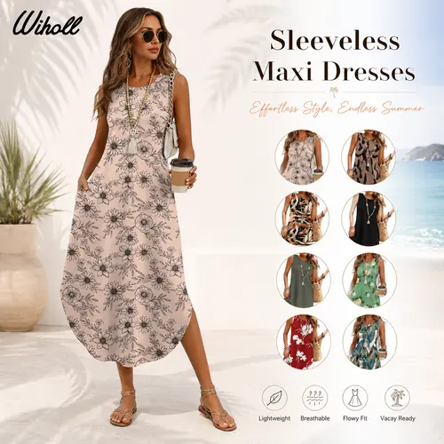 WIHOLL Women's 2026 Elegant Hawaiian Polyester Mix Drape Quick-Dry Fabric Sleeveless Crew Neck Casual Maxi Sundress with Pockets, Side Slit - S-XXXL Fit Range, Cold Wash, for Beach Vacation, Evening Wear