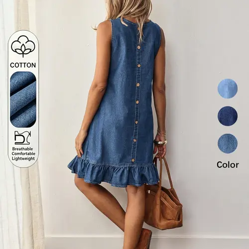Women's Sleeveless Knee-Length Slimming Fit Button Back Ruffle Hem Denim Dress, Chic, Stylish, Elegant and Comfortable, Perfect for Casual Summer Wear, Ideal for Everyday Daily Wear, Trendy Fashion Choice, Sleeveless Jean Dresses