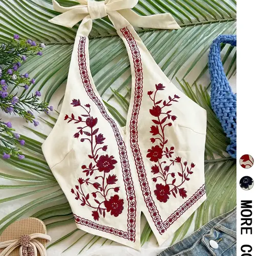 Vacation Style Embroidered Floral Stylish Halter Neck Tank Top, Boho Sleeveless Backless Slim-Fitting V Neck Crop Top for Dates, Beach, and Music Festivals, Cropped Sleeveless Vest