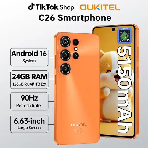 OUKITEL C26 Cellphone - Android 16 Smartphone, 24(6+18)GB RAM + 128GB ROM, Octa-Core Processor, 6.63''HD+ 90Hz Smooth Scroll Display, 5150mAh Battery, 64MP+5MP AI Scene Auto Tune Camera, Dual SIM, GPS, OTG, USB, T-Mobile Compatible