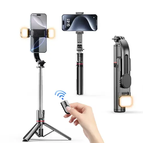 360° Rotatable Adjustable Selfie Stick Tripod with 2 Fill Lights, Remote Control for Smartphone, Cellphone & Compact Devices – Vlog, Landscape Photography Use