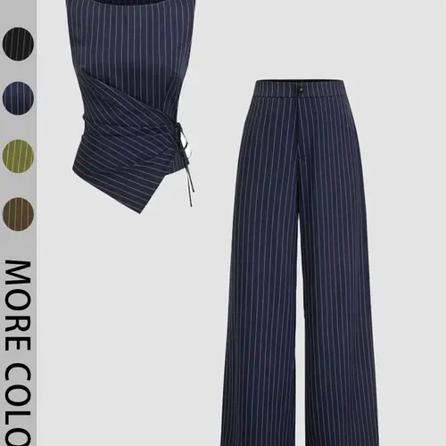 Women's Striped Tie-Back Vest Top and Straight Leg Pants Set, Elegant Slim-Fitting Outer Vest Suit for All Seasons